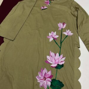 Hand-Painted Olive Green Kurta with Pink Lotus Design