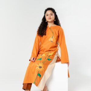 Hand-Painted Mustard Orange Kurta with Sunflower Artwork