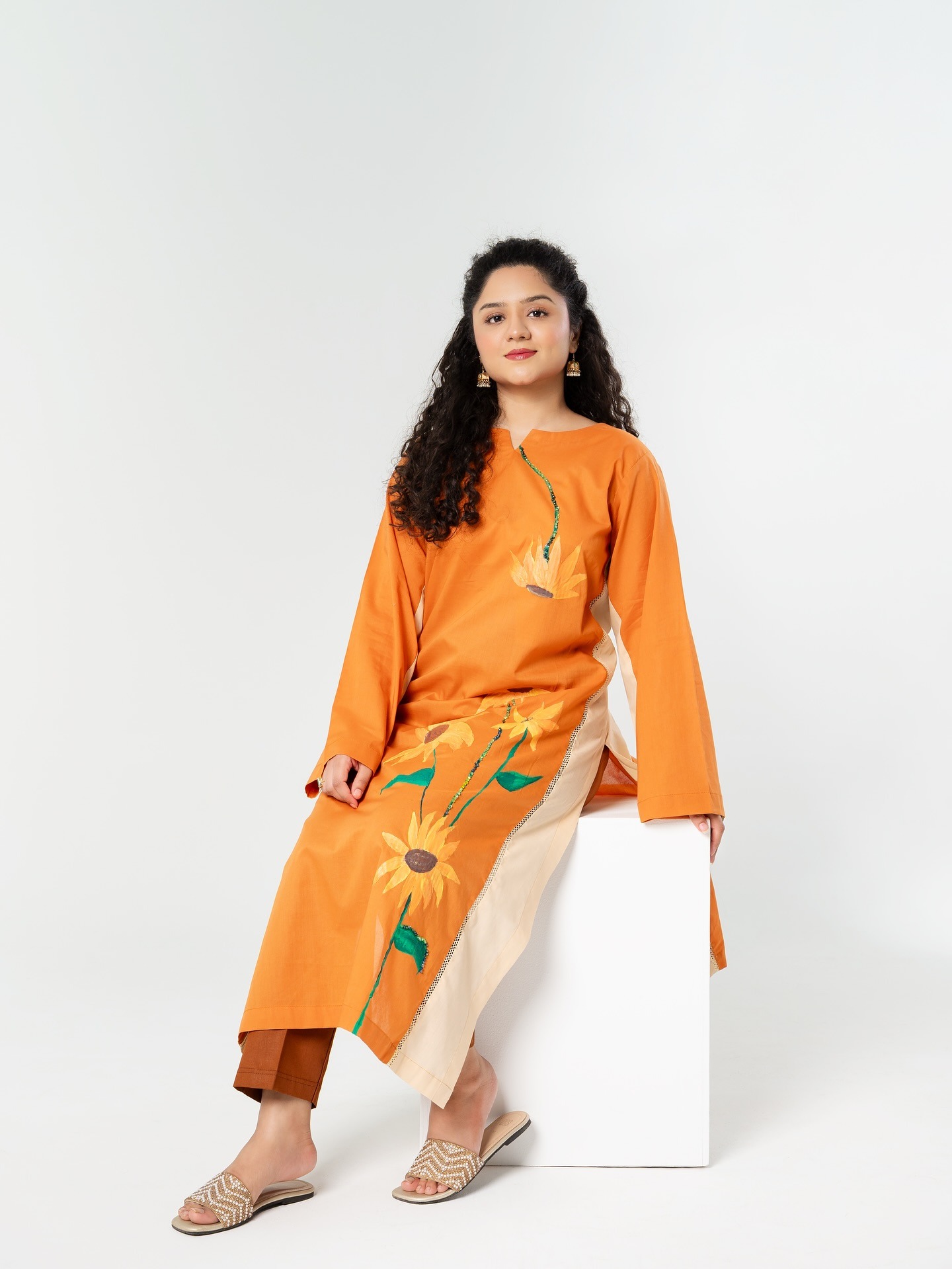 Hand-Painted Mustard Orange Kurta with Sunflower Artwork