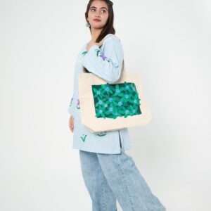 Hand-Painted Cotton Tote Bag with Green Floral Artwork