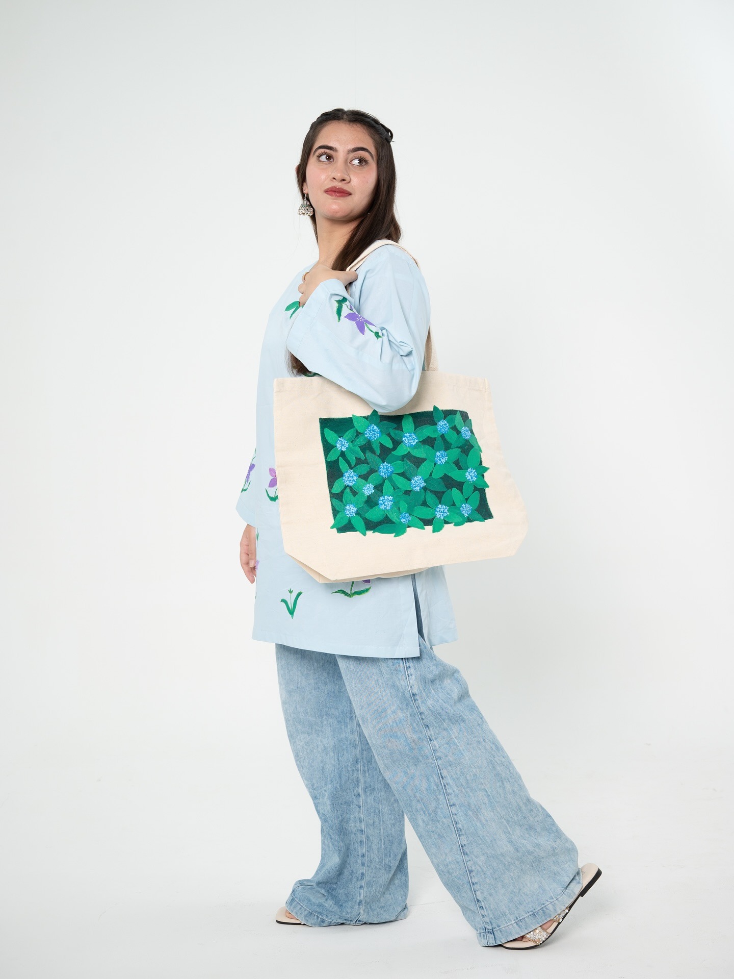 Hand-Painted Cotton Tote Bag with Green Floral Artwork