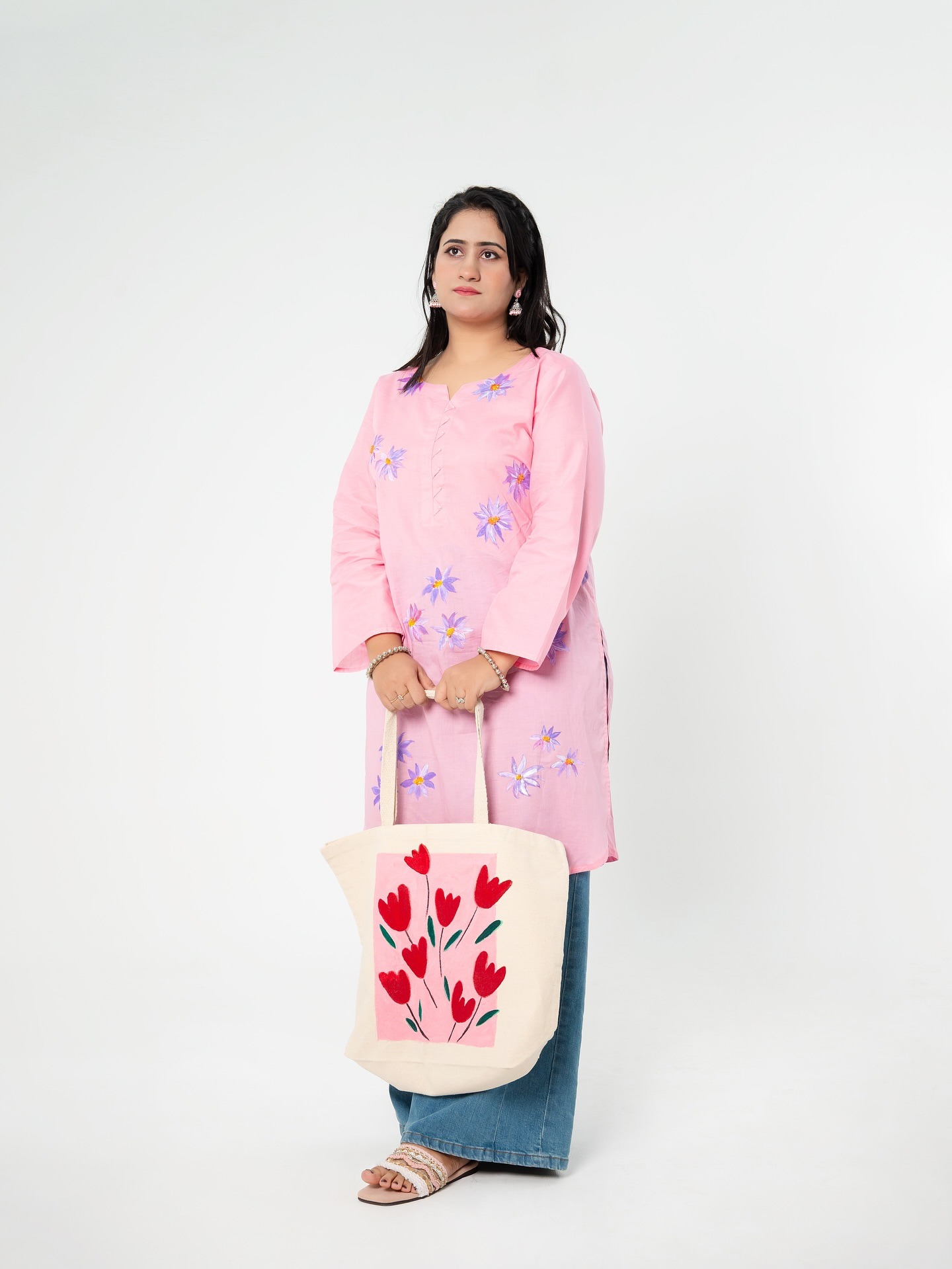 Hand-Painted Cotton Tote Bag with Red Tulip Design