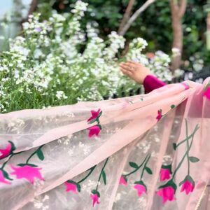 Handmade Organza Dupatta with Pink Floral Embroidery