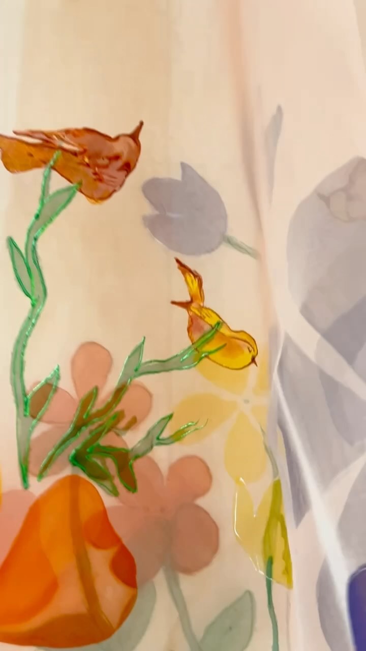 Hand-Painted Organza Dupatta with Birds and Floral Artwork
